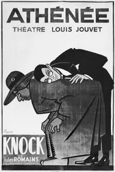 Plakát propagující představení Knock nebo Triumph of Medicine od Julese Romainse (1885-1972) v Theater Athenee (černobílá fotografie)